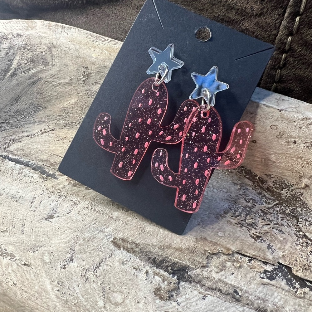 Pink & Silver Cactus Earrings Acrylic‎ Lightweight Boho Handmade Jewelry